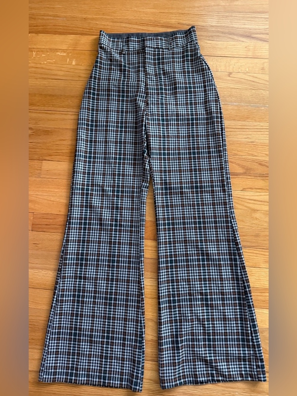 Free People Wide Leg Plaid Pants in Black and Light Blue